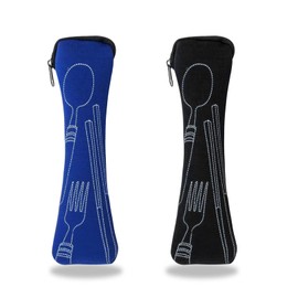 Cutlery Bag for On the Go Empty 2 Pieces Long Cutlery Case Portable Cutlery Box to Go Without Cutlery for School Picnic Cutlery Storage - Blue, Black (23.5 x 6 cm)