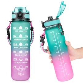 AiQInu Water Bottle 1.0 L, Water Bottles with Time Marking & BPA-Free, Leak-Proof, One-Hand Opening, Secure Closure, Umbrella Cord Braided Carry Handle for Gym Fitness Outdoor