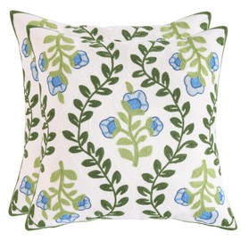 Tosleo Embroidered Throw Pillow Covers 18x18 inch Pack of 2 Green Vine Blue Flowers Decorative Pillowcases Farmhouse Cotton Pillow Cushion Cases Home Decor Square Floral Pillow Case