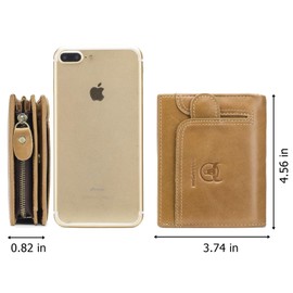 BULLCAPTAIN Men RFID Blocking Bifold Wallet Genuine Leather Card Holder Wallets with 15 Card Slots, Yellowish brown with zipper, 4.56"x3.74"x0.82", Retro