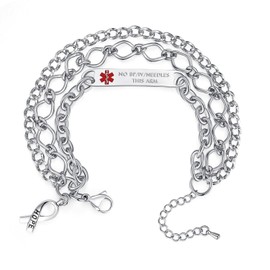 mnmoom Medical Alert Bracelets for Women Stainless steel Heart Medical ID bracelets with Free Engraving (Multi Layer chain-Steel/NO BP/IV/NEEDLES THIS ARM)