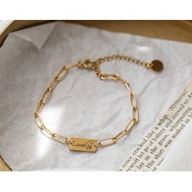 DAINTY Women Girl Titanium Stainless Steel Gold Lucky Bar Paperclip Chain Bracelet 6-8"