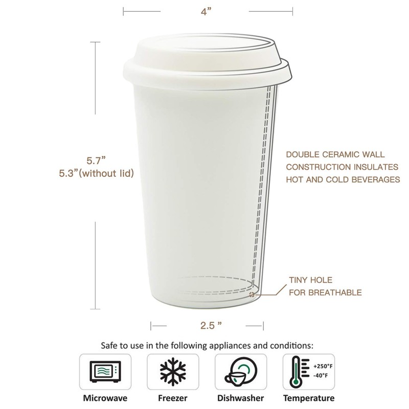 UDMG Reusable Double Wall Insulated White Ceramic Travel Coffee Cup