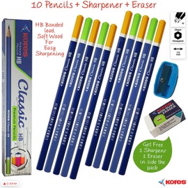 Kores Classic HB Graphite Pencils, Pack of 10, Wooden Lead Pencils Sharpener Eraser Pack, Hexa Comfort Grip, Break resistant bonded lead, Pencils For Kids Write Draw Sketch