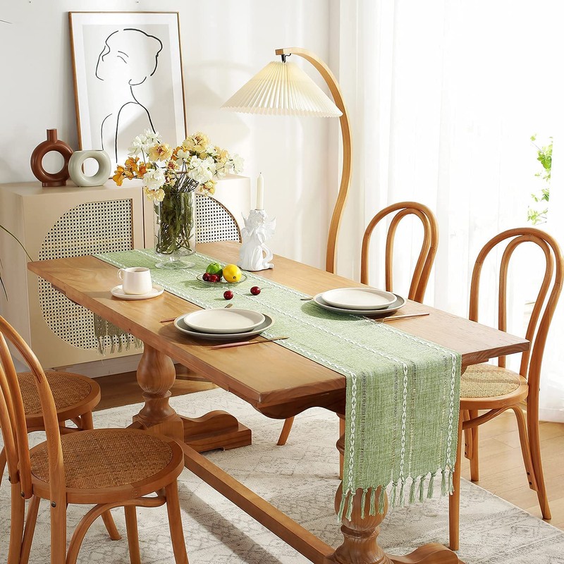 LOMOHOO Cotton Linen Table Runner Green Embroidered Farmhouse Table Runners
