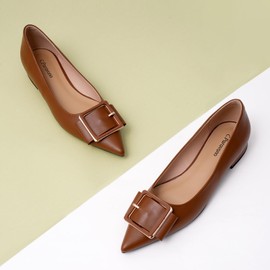 Women's Pointed Toe Square Buckle Flats Elegant Slip-On Ballet Flats Comfortable Dressy Shoes for Work Party Daily Wear(Size 9.5,Brown)