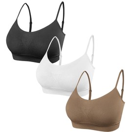 SHEKINI 3 Pcs Women's Sport Bra Seamless Padded Bralettes Yoga Bras Adjustable Leisure Stretch Crop Tops Cami Bras for Women Girl, Black+White+Brown