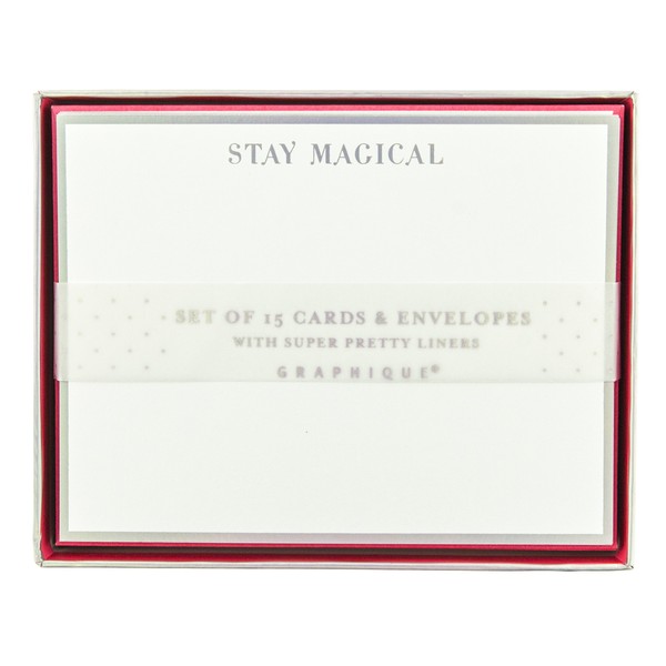 Graphique Flat Notes, “Stay Magical” Design - 15 Special Occasion Sleek Note Cards & Envelopes With Pretty Silver Trim and “Stay Magical” Message, 4.25" x 5.5" (DFN002)