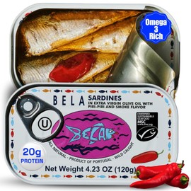 BELA Wild Caught Portuguese Sardines - Lightly Smoked and Marinated in Piri Piri Flavored Extra Virgin Olive Oil | 4.25 Oz (Pack of 1) | All Natural, High Protein, Hand Selected, Sea Salted, & Omega 3 Rich