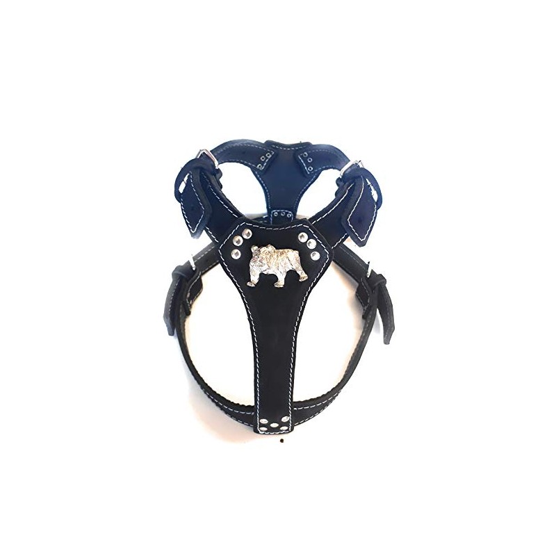 M&D Beautiful Black Leather Dog Harness with English Bulldog Head