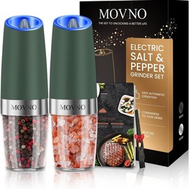 MOVNO 2Pcs Gravity Electric Salt and Pepper Grinder Set, Battery Powered LED Light One Hand Automatic Operation, Adjustable Coarseness Mill Grinders Shakers Black, Kitchen Gadgets Gift Ideas - Color: Green