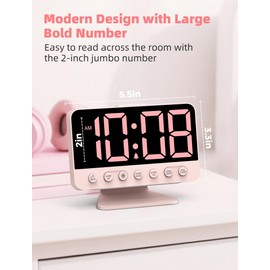 Odokee Digital Alarm Clocks for Bedrooms: Large Bold Number 5 Brightness Dimmer - Easy to Read Across The Room - 5 Alarm Sound 8 Night Light - Sakura Pink
