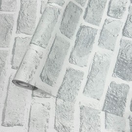 ouxon White Brick Peel and Stick Wallpaper 17.7x118 inch 3D Visual Faux Stone Contact Paper Self Adhesive Vinyl for Living Room Bedroom Apartment Accent Wall Rustic Modern Farmhouse Style