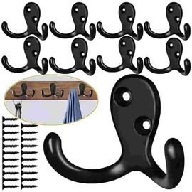 BIPEE 20Pack Coat Hooks, Heavy Duty Double Prong Coat Hooks Wall Mounted with 40 Screws, No Rust Black Metal Wall Hooks for Hanging Towel, Coat, Bag, Hat, Cup, Key