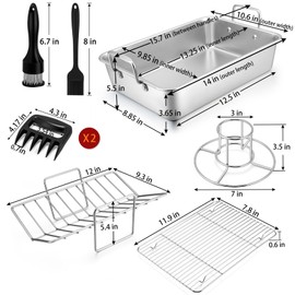 P&P CHEF Roasting Pan Set (8 PCS), 14 Inch Stainless Steel Turkey Roaster Pan, Flat & V-shaped Roasting Racks & Beer Can Chicken Holder, Meat Claws & Tenderizer, Brush, Healthy & Heavy Duty