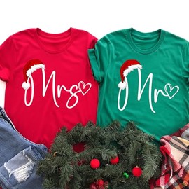 Mr and Mrs Matching Couples Christmas Shirts, Christmas Couple Matching Pajamas, Wife and Husband T Shirts, Christmas Gift, Xmas Holiday Outfit (ADULT 2XL, RED, Mrs)