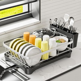 arshray Stainless Steel Dish Drying Rack – 304 Grade Dish Racks for Kitchen Counter with Utensil Holder & Adjustable Spout, Space-Saving Organizer, 16.5" x 11.8" x 5.3" Black