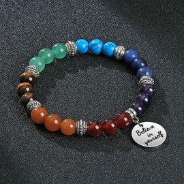 JSDDE Chakra Crystal Bead Bracelet 7 Chakras Healing Gemstone Bracelet Yoga Stone Meditation Bracelets with Text Charm - Believe in Yourself