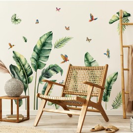 Tropical Wall Decals, Palm Leaves & Banana Leaf Wall Stickers, Nature Green Plants with Birds for Bedroom, Living Room, Office & Bathroom, Removable DIY Wall Art for Home Décor