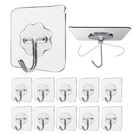 WOVU Wall Hooks - 33 lbs Max, Transparent, Seamless, Waterproof & Oilproof, Heavy Duty Adhesive Coat & Towel Hooks (10 Pack)