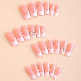 IDEER POP French Tip Press On Nails - Long Square Reusable Artificial Nails for Women, Pink Manicure Set with Nail Glue & Tabs, 12 Sizes (24 Pcs) Nails Press Ons Kit | Natural Look & Daily Wear