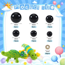 TOAOB 50pcs Safety Eyes for Amigurumis with Washers 16mm to 30mm Plastic Crochet Safety Eyes Black Craft Doll Eyes for Crocheting Stuffed Animals Bears Doll Making
