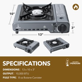 The First Penguin Portable Camping Stove - with Carrying Case 10,000 BTU Great for Emergency Preparedness Kit, High Power Butane Stove, Perfect for Camping, Hiking and Emergency-Grey