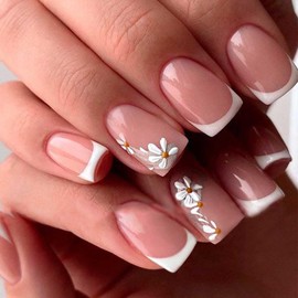 Foccna White Press on Nails Square Medium Acrylic False Nails Short French Fake Nails,Artificial Glossy Flower Design Pink Nails for Women and Girls, 24 pcs