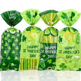 100 Pieces St. Patrick's Day Goodies Cellophane Bags, Leprechaun Hat Rainbow Beer Shamrock HAPPY ST. PATRICK'S DAY Plastic Candy Cookie Treat Gift Bags for Saint Patrick's Day Party Favor Supplies