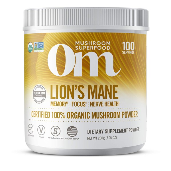 Om Organic Mushroom Nutrition Lion's Mane: Memory, Focus, Nerve Health, 100 servings, 7.14 Ounce, 200 Gram