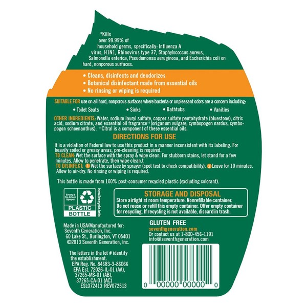 Seventh Generation Disinfecting Bathroom Cleaner, Lemongrass Citrus 26 fl oz (786 ml)