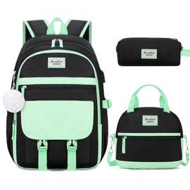 Bevalsa Backpack for Girls, School Backpacks for Girls, Kids Backpack with Lunch Box & Pencil Pouch for Teens Girl Kids Elementary Middle High School College Student Bookbag Daypack (Green Black)