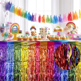 OQOQ Wavy Rainbow Tinsel Table Skirts(2 Packs), Disposable Tableskirt Banner Party Decorations for Rectangle Round Tables Birthday Holiday Wedding Engagement Bridal Shower Pride Party Cartoon Party