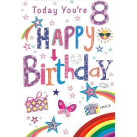Age 8 Girl Birthday Card - 8th Birthday Sunshine Shooting Star Glitter 7.5x5.75"