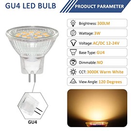 Caldarax 6 Pack MR11 GU4 12V 3W LED Bulb, Warm White 3000K, Equivalent to 30W 20W Halogen Spotlight Bulb, 300LM, GU4 Bi-Pin Base, 120Beam Angle, Non-Dimmable, for Hallway, Living Room
