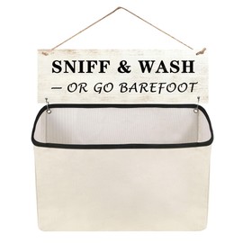 Laundry Room Decor and Organization: Wall-Hanging Lost Socks Storage Bag, Funny Wooden Sign - Single Canvas Basket for Sock Organization (SNIFF & WASH – OR GO BAREFOOT)