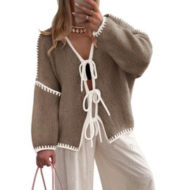 ZESICA Crdigans for Women Trendy 2026 Tie Front Bow Sweaters Casual Long Sleeve Winter Clothing Coats,Camel,Medium