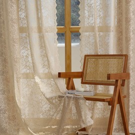 Luyicozy Scalloped Floral Lace Curtains- Vintage Beige Semi Sheer Curtains for Living Room Bedroom, Light Filtering Grommet Window Panels, 2 Panels, 52 x 63 Inches