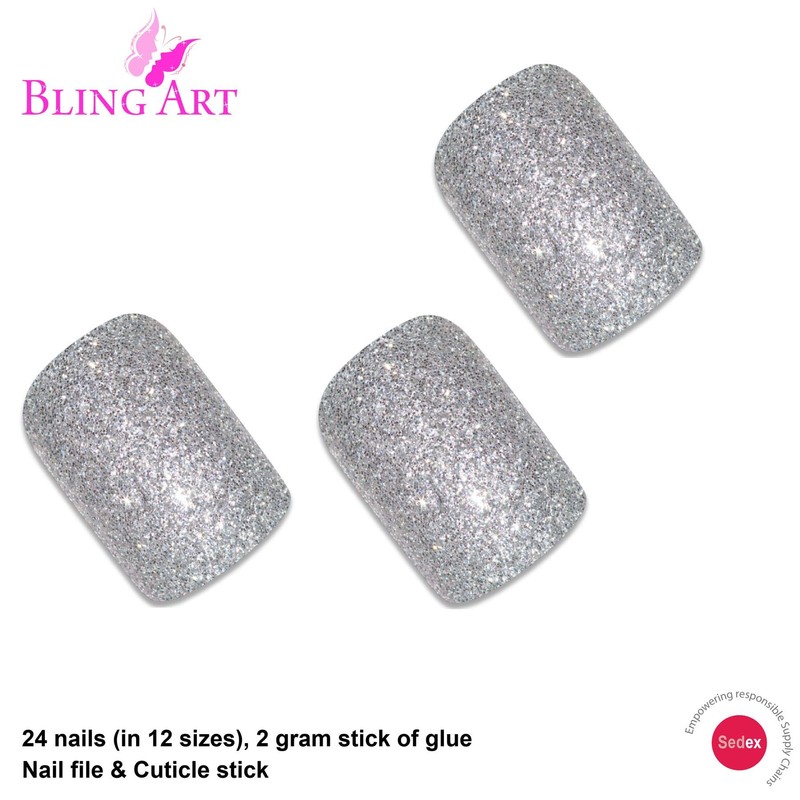 False Nails Bling Art Silver Gel French Squoval 24 Fake