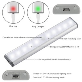 Motion Sensor Cabinet Light,Under Counter Closet Lighting, 10 LED Wireless USB Rechargeable Kitchen Lights,Battery Operated Lights,Stick On Lights for Wardrobe,Closets,Cupboard,Warm White-2Pack
