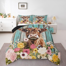 Feelyou Kids Highland Cow Bedding Set Twin Size, Highland Cattle Comforter Set Boys Girls Flower Duvet Insert Teens Bedroom Decor with 1 Pillow Case