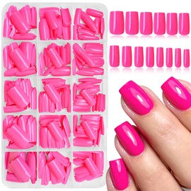 LoveOurHome 316pc Square Press on Nails Medium Fake Nails with Glue Tabs, Hot Pink Nails Press on Nails Square Glue on Nails Acrylic Nail Tips Full Cover Fake Nails Medium False Artificial Nails