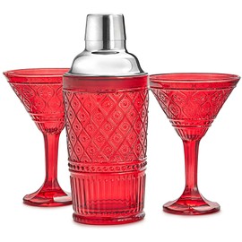 Godinger Cocktail Shaker and Martini Glasses Barware Gift Set, Martini Shaker and 2 Cocktail Glasses Set, Vintage Decor, Claro Collection, Red