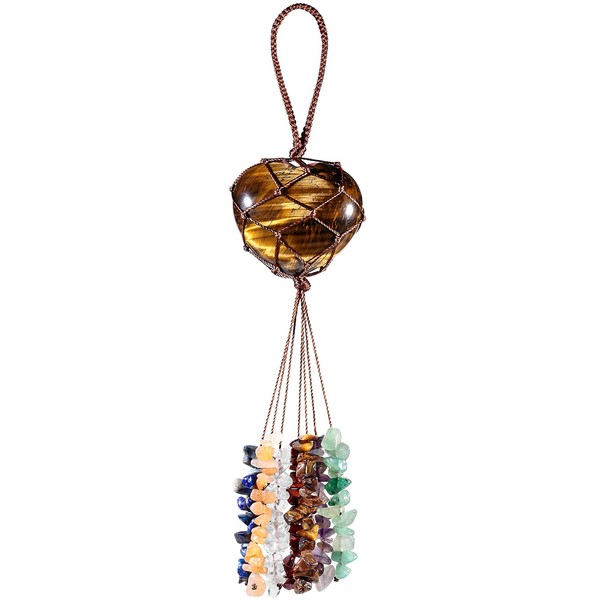 Nupuyai Tiger's Eye Heart Stone Hanging Ornament, 7 Chakra Healing Crystals Tumbled Stones Crystal Tassels for Car & Home Decor, Reiki Yoga Meditation
