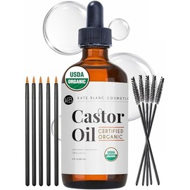 Castor Oil (4oz), USDA Certified Organic, 100% Pure, Cold Pressed, Hexane Free by Kate Blanc. Stimulate Growth for Eyelashes, Eyebrows, Hair. Skin Moisturizer & Oil Cleanse. FREE Starter Kit