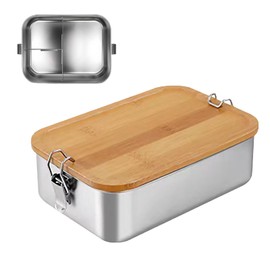 Bento Lunch Box for Adults/Children, Stainless Steel Lunch Box with 2 Compartments/3 Compartments, Metal Tin with Wooden Lid, BPA-Free Metal Lunch Box, Breakfast Box for School/Excursions (1200 ml, 3
