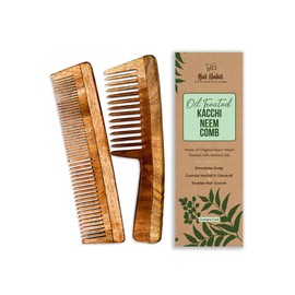 Nat Habit - Kacchi Neem Wooden Comb - Soaked In 17 Herbs Neem & Sesame Oil For Multi-Actions - Detangling, Frizz Control & Shine (Dual Tooth & Wide Tooth) Combo Pack of 2