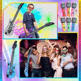 36 Pcs Inflatable Instruments Party Props Set, Include 12 Inflatable Rock Star Guitars 12 Inflatable Microphones 12 Colorful Sunglasses for 80s 90s Themed Disco Party Photo Booth Decorations