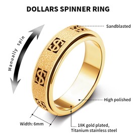 Fidget Ring Toys for Adults Anxiety: Stainless Steel Spinner Thumb Rings for Women Men Cute Dollar Symbol 5 Colors: Gold Silver Black Rose Gold Rainbow Size 5 6 7 8 9 10 11 (Gold Dollar, 6)