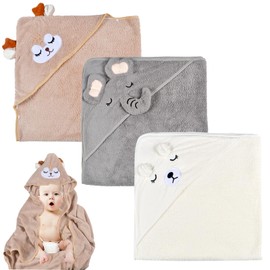 Funmo Baby Hooded Towel, 3-Piece Baby Bath Towel Set, Hooded Bath Towel for Children, Baby Towel Bamboo Super Absorbent, Toddler Bath Towels with Three Patterns as a Baby Gift